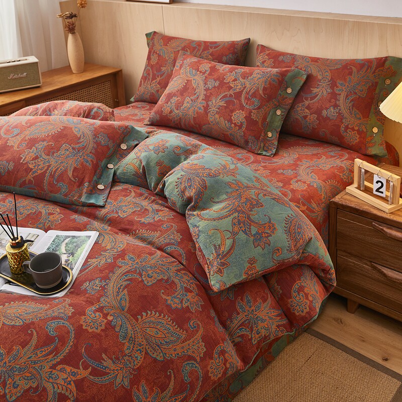 上新复古美式田园色o织双层纱全棉四件套A类母婴纯棉轻奢低调床品