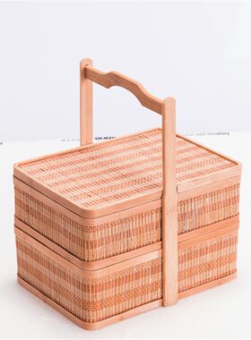双层长方a形竹篮腌腊食品复古提菜篮子礼品篮端午粽子特产包装收
