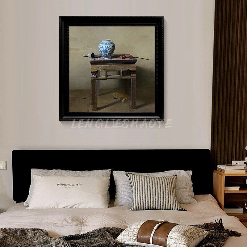 中式美学青花瓷h静物客厅玄关艺术装置莲蓬红枣装饰挂画正方形壁