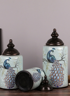 复古美式乡村花鸟陶瓷罐花瓶家居装饰品J工艺品软装酒柜客厅摆件