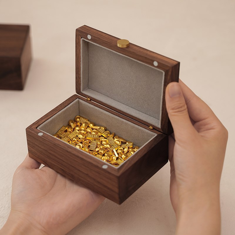 黑胡桃木黄金豆条转运珠收纳盒实木迷你小M型首饰品盒木质磁吸礼