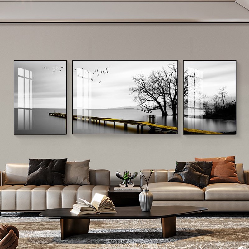 轻奢大气客厅装饰画沙p发背景墙三联挂画卧室海景风景墙上组合壁