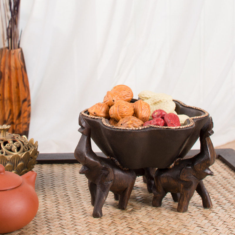 泰式客餐厅实木质大象水果盘复古茶点H干果零食供盘玄关桌面收纳