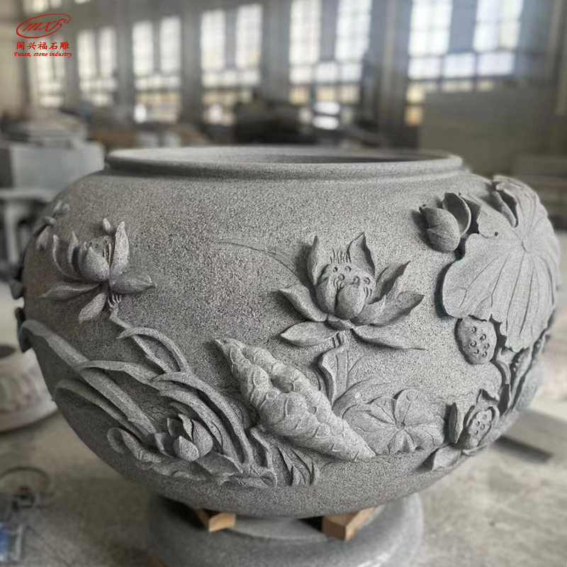 石雕花岗岩芝麻白鱼缸花盆荷花缸中式庭院养鱼水缸石槽户外水景