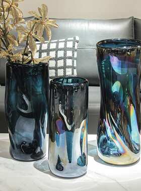 晶淳 蓝色扭曲不规则玻璃花器 客厅意式轻奢风 样板间餐厅摆件
