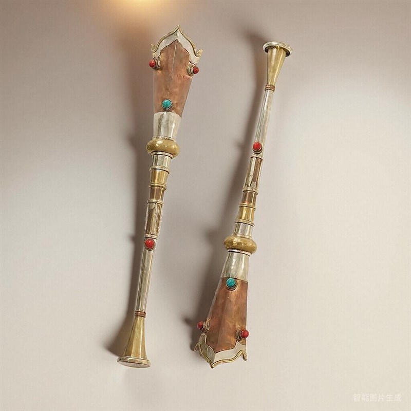 藏式铜喇叭吹鼓法号法器s唢呐西藏特色工艺品镶嵌宝石佛前供奉摆