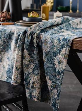 速发蓝古向日葵油画风莫奈餐桌茶几厚桌布vitage复背野餐色景布盖