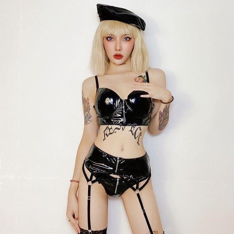 速发新款酒吧演出服舞台装DS摄影服复古黑色性感漆皮制服比基尼套