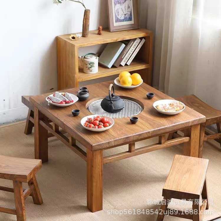 老榆木围炉功夫茶桌茶台 矮桌圆桌榻榻米 日式炕桌 茶几桌煮茶桌