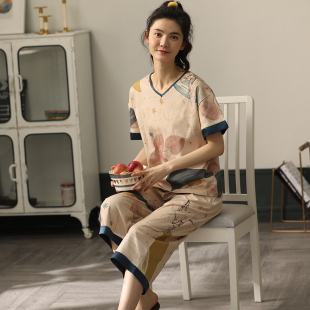 短袖 薄款 睡衣女夏季 七分裤 休闲可外穿夏天大码 全棉家居服套装