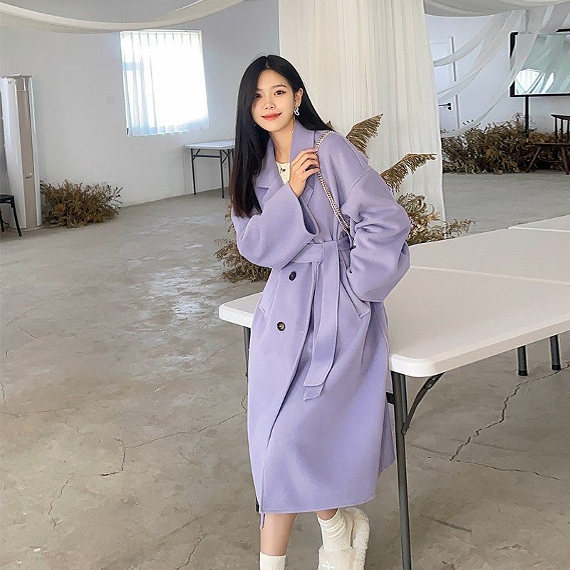 奶紫色双面毛呢大衣女2024冬季新款外套女秋冬款大码女装胖mm冬装