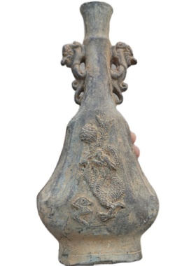 仿古出土铜器收藏纯铜单龙戏珠双耳貔貅花瓶摆件老包浆