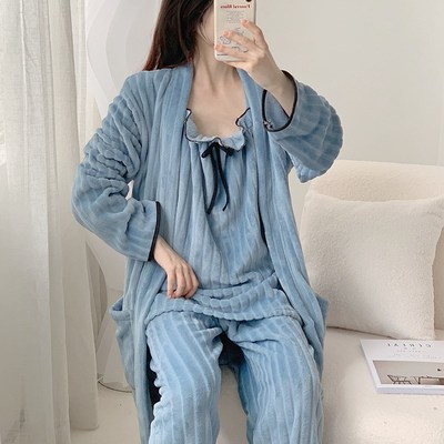 秋冬季加厚加绒女三件套可外穿酒店旅游浴袍睡袍长袖睡衣女家居服