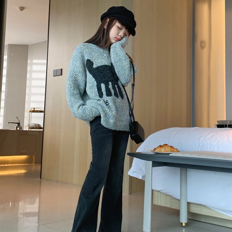 女大童加绒黑色喇叭裤2024冬装新款儿童修饰弹力牛仔裤显瘦长裤子