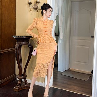 新中式改良旗袍轻奢小众晚宴主持人礼服早秋中长款蕾丝开叉连衣裙