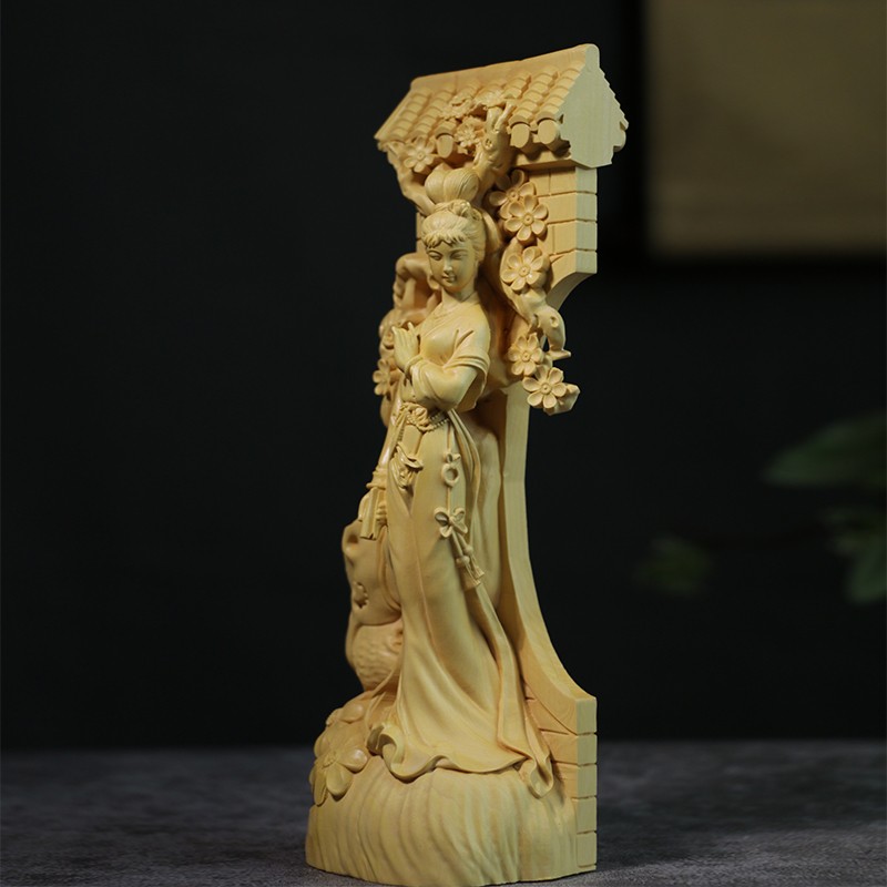 乐清黄杨木雕摆件家居饰品实木雕刻工艺礼品精品中式人物美女观梅