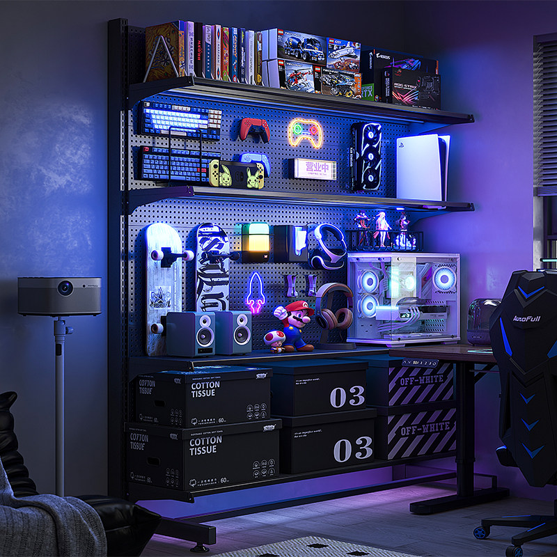 立式洞洞板置物架落地电竞房间装饰金属收纳架免打孔电脑桌面改造