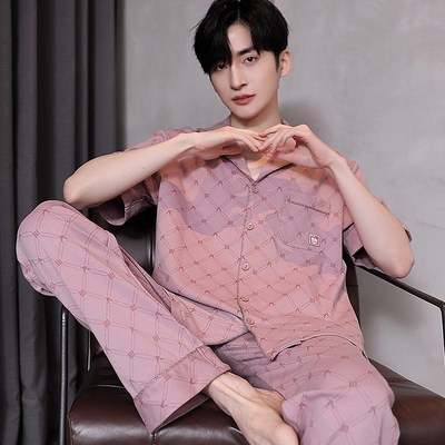 卡之恋男士睡衣夏季2025新款纯棉短袖长裤粉青年加肥加大码家居服