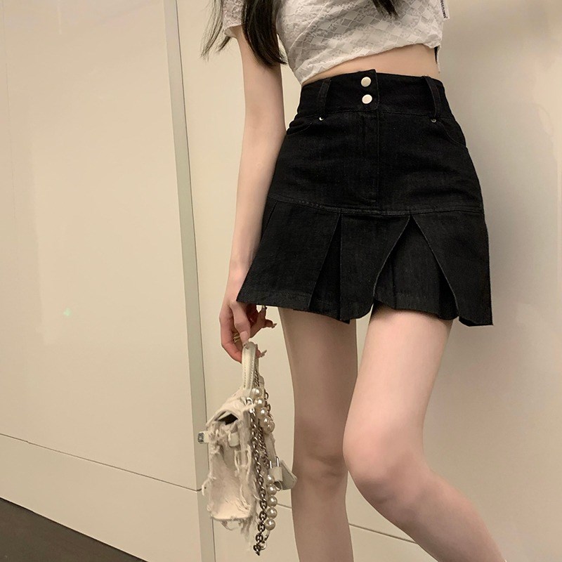 大码胖mm百褶牛仔半身裙女夏季显瘦遮肚小个子a字包臂高腰短裙子