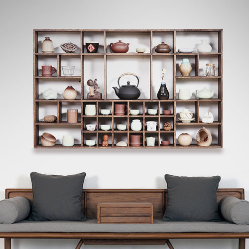 新中式博古架多宝阁实木壁挂式茶杯架置物茶具展示架古董架收纳架