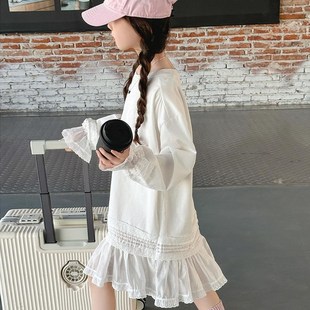 女童中长款蕾丝内搭打底衫2025新款春秋季长袖卫衣连衣裙上衣洋气