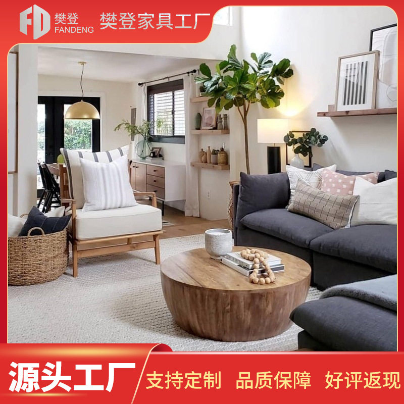 小户型圆茶桌创意简约美式轻奢圆形茶几实木客厅北欧咖啡桌复古桌