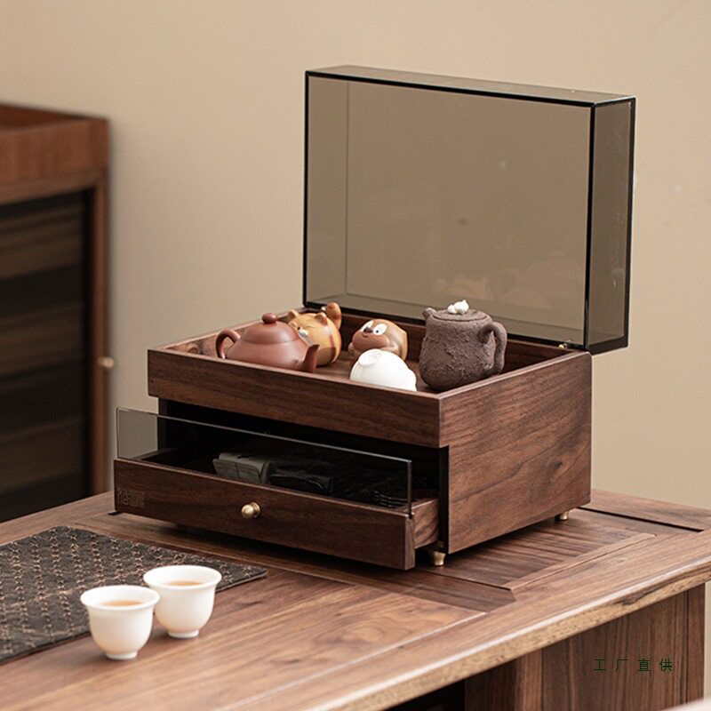 茶具收纳柜茶杯茶壶防尘储物柜化妆品首饰盒桌面展示柜胡桃木茶柜