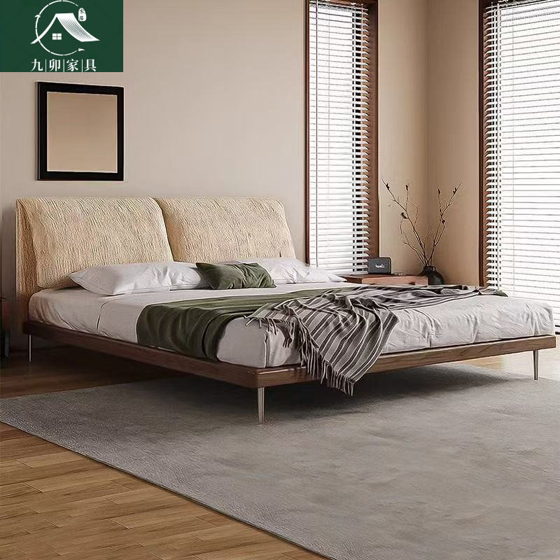 中古风大象耳朵床雪尼尔布艺床主卧小户型轻奢软靠双人床实木床