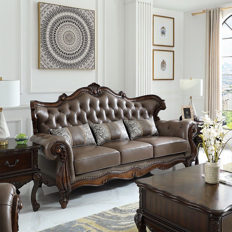 美式头层牛皮实木雕花组合沙发
