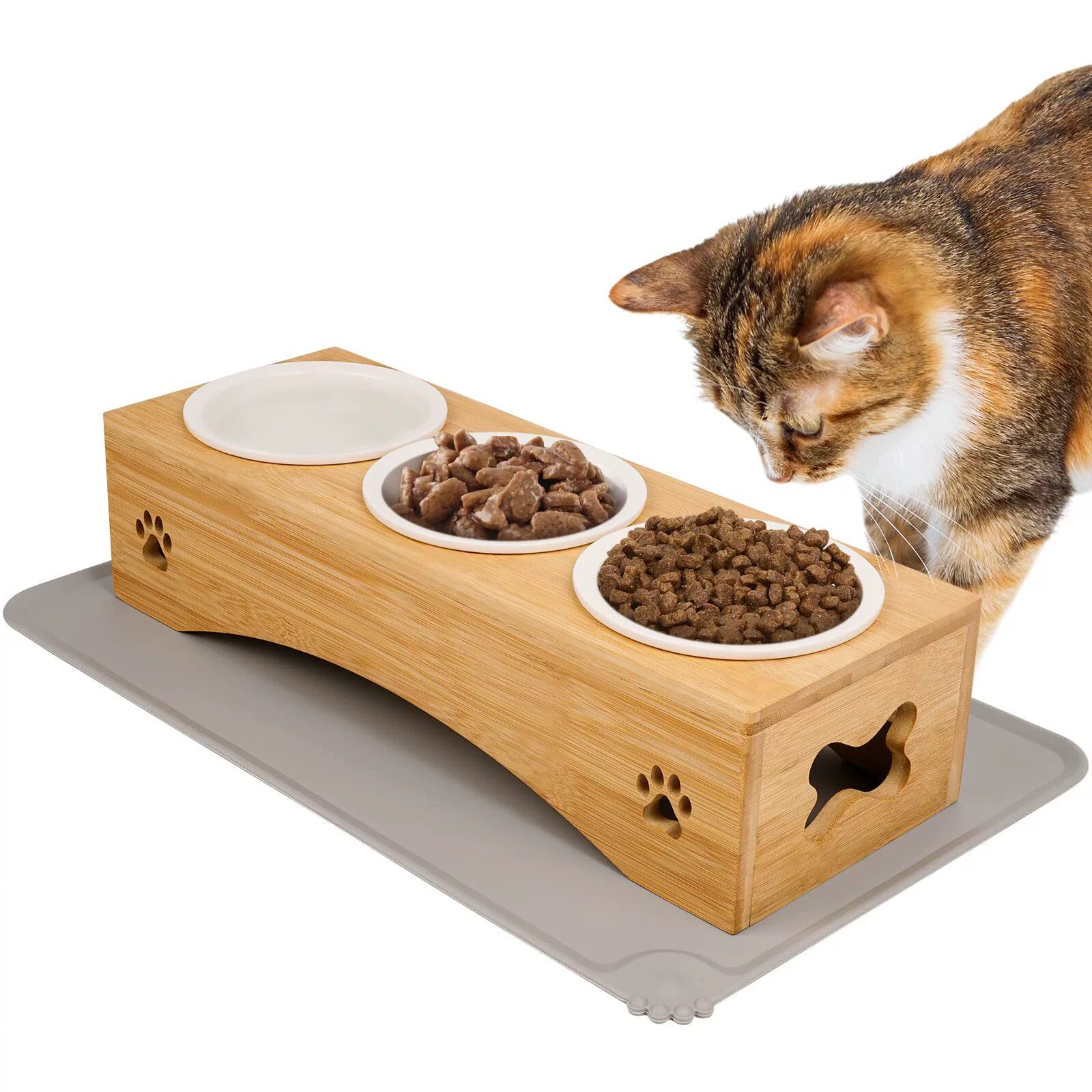 木质宠物饭碗支架三碗式猫碗支架长方形猫碗架简易猫碗粮食水碗