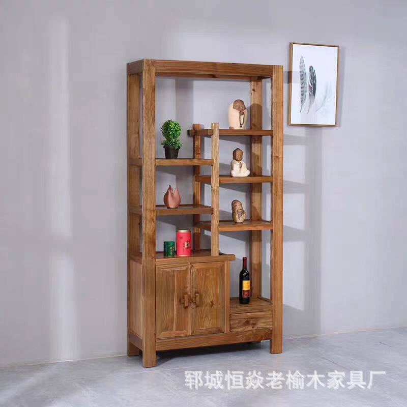 新中式老榆木博古架家用靠墙茶具收纳架办公室文玩展示柜玄关架