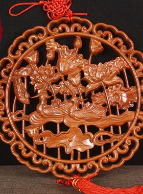 桃木鸳鸯图案摆件卧室挂件一对实木质装I饰品婚房结婚床头客厅摆