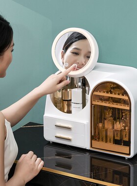 化妆品收纳盒防尘k带镜子一体式桌面梳妆台大容量口红护肤品置物