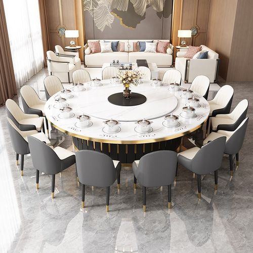 酒店餐厅电动餐桌圆形12/15/20D人轻奢商用岩板转盘会所包间火锅