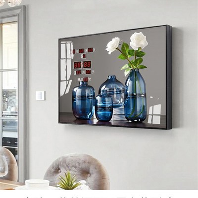 万年历电表箱装饰画客餐厅晶钻可推拉配电箱画Q电闸盒遮挡画带钟