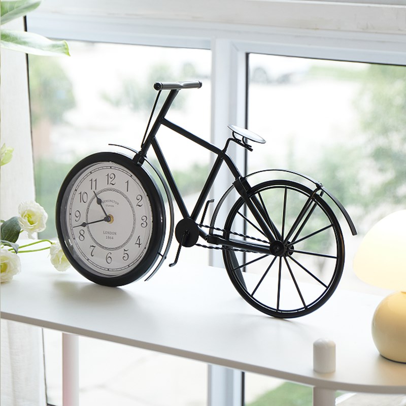 创意欧式自行车时钟桌面台钟客厅老美式钟表摆件复古W台式怀旧座