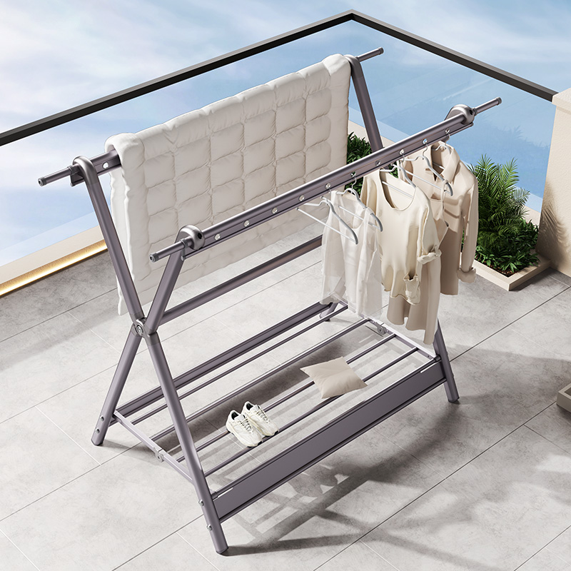 晾衣架阳台室内家用落地式折叠晾晒架H室外加粗加厚伸缩晒被子神