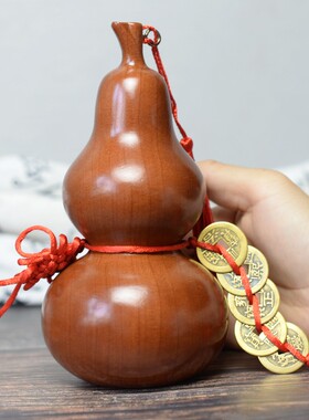 桃木葫芦摆件五帝钱挂件家居饰品大S号摆设客厅木雕