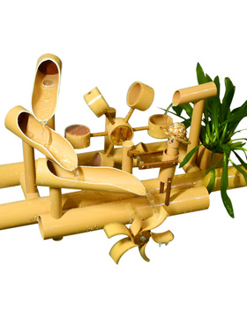 竹人小人推磨拉锯循环流水水车风水轮G竹子流水摆件惊鹿竹制惊鸟