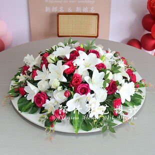酒店圆桌中间摆花仿真花装饰花y假花绢花饭店餐桌转盘桌面摆设花