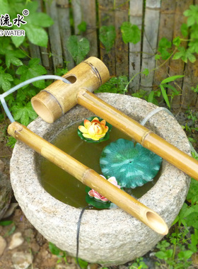 日式竹子流水f摆件庭院石槽鱼缸装饰水景循环水竹排造景喷泉流水