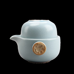 汝窑天青色快客杯陶瓷盖碗汝瓷手抓D壶便携旅行功夫茶具不烫手茶