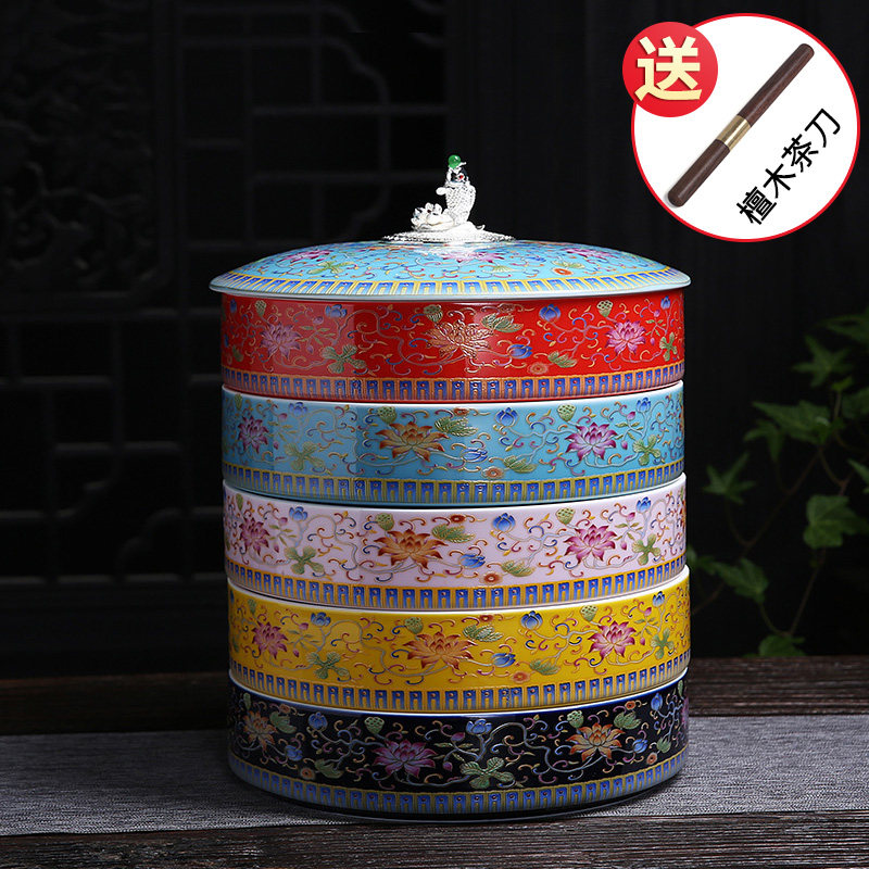 中国风镶银珐琅彩普洱茶饼罐陶A瓷茶叶罐白茶饼宫廷风多层普洱茶,餐饮具,茶叶罐,淘宝优惠券,粉丝福利购,淘宝优惠卷