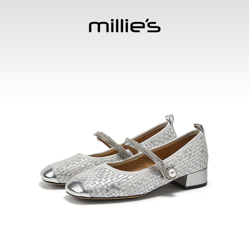 millies妙丽法式绝美玛丽珍鞋女2025新款真皮编织银色单鞋配裙子,女鞋,玛丽珍鞋,淘宝优惠券,粉丝福利购,淘宝优惠卷