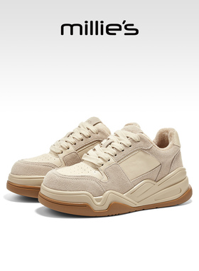 millies妙丽复古板鞋女冬季加绒保暖棉鞋厚底增高休闲鞋真皮女鞋