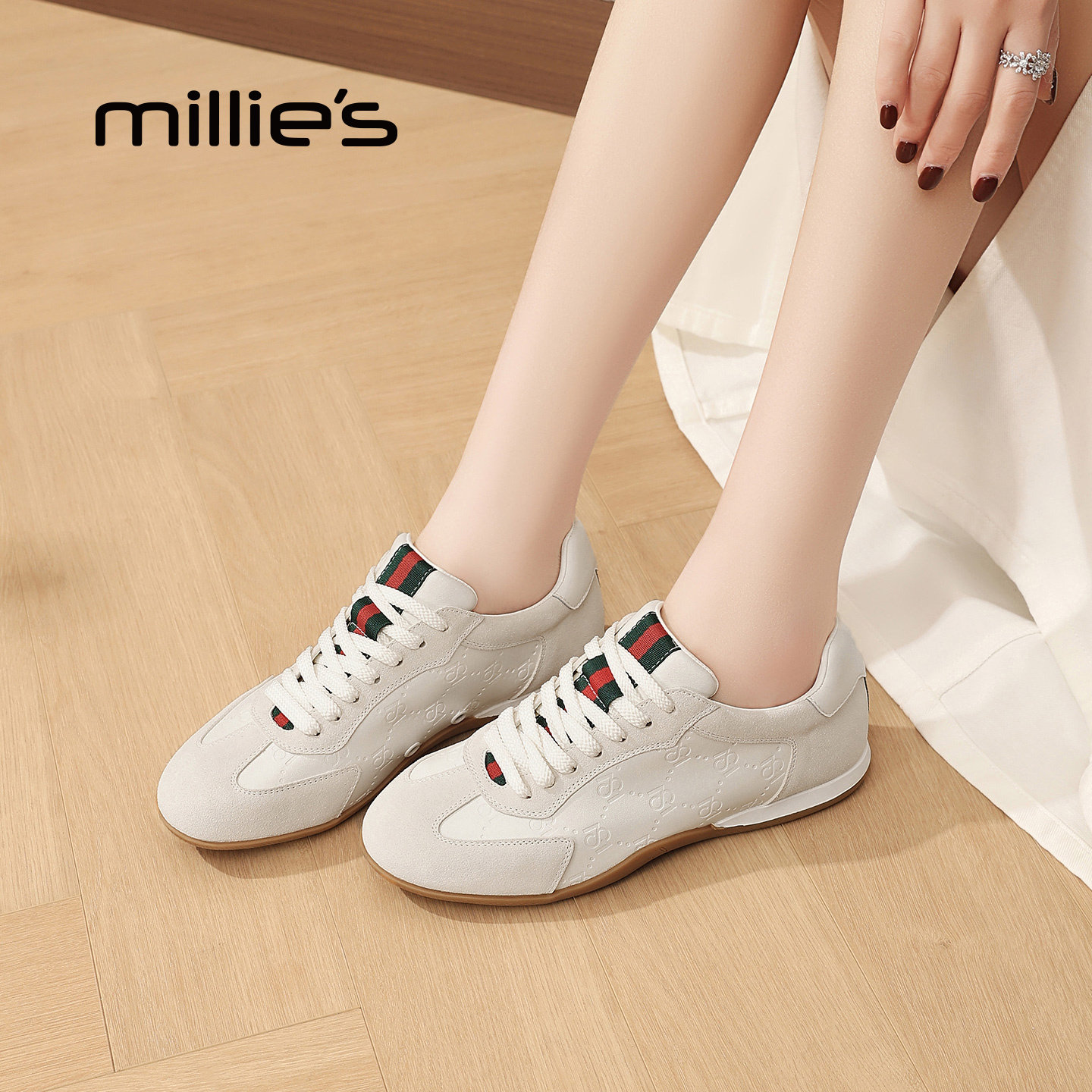 MILLIE'S/妙丽复古德训鞋女2026春季新款系带圆头平底百搭休闲鞋,女鞋,德训鞋,淘宝优惠券,粉丝福利购,淘宝优惠卷