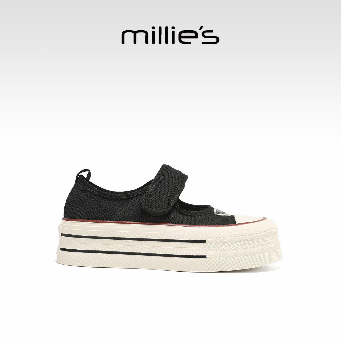 MILLIE'S/妙丽黑色帆布魔术贴厚底松糕鞋女时尚休闲板鞋夏季新款