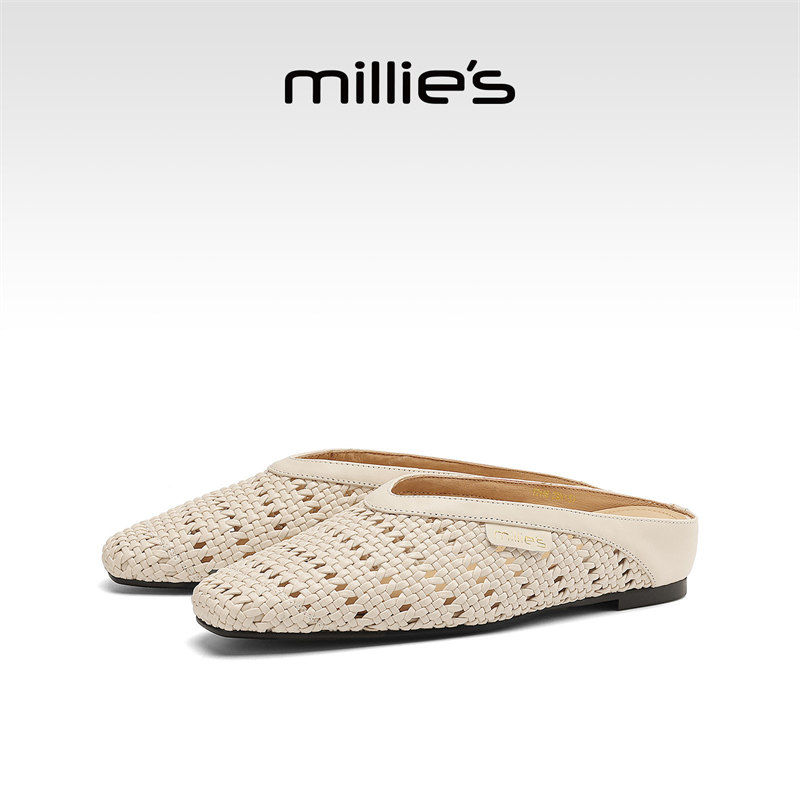 MILLIE'S/妙丽编织镂空包头半拖鞋外穿夏季透气配裙子平底凉鞋女