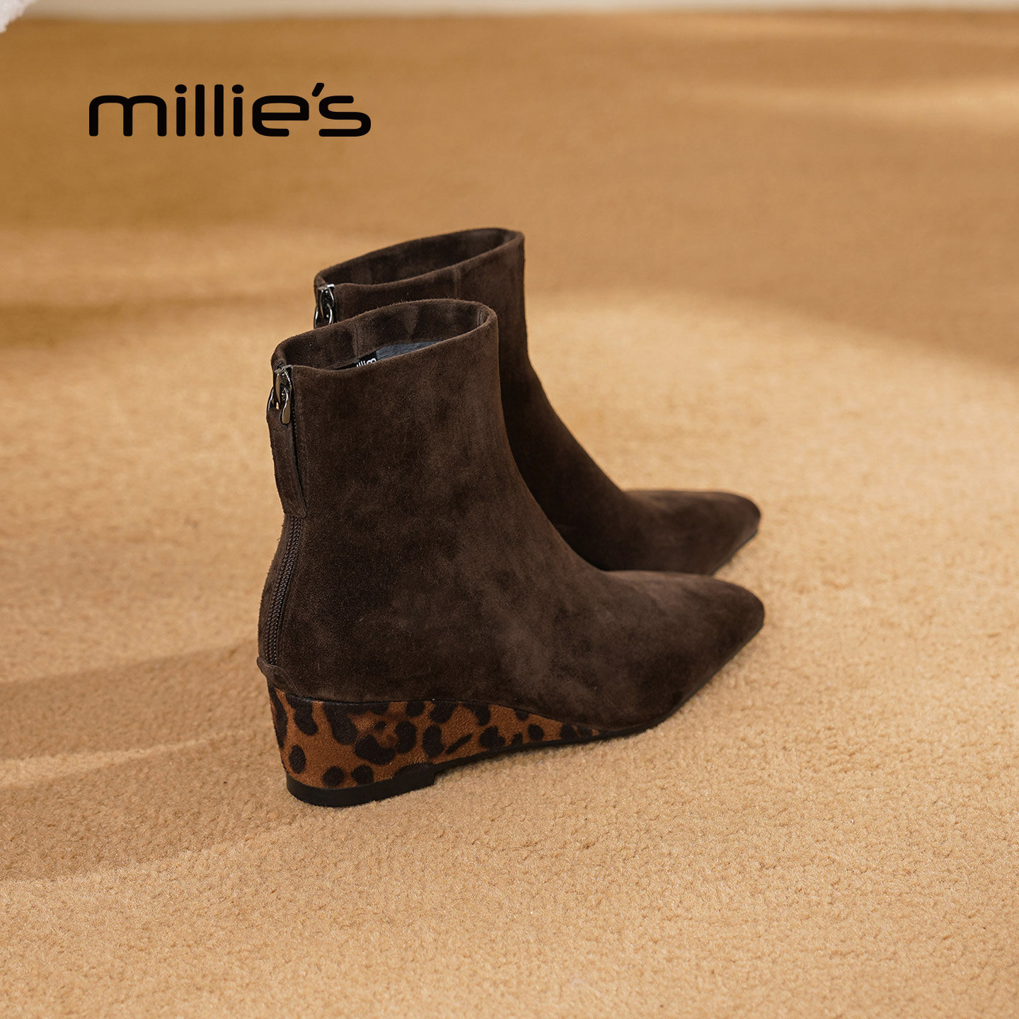 MILLIE'S/妙丽时装靴女2025年新款冬季加绒保暖豹纹短筒靴子女靴