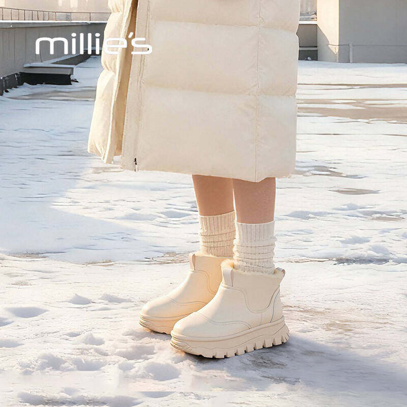 MILLIE'S/妙丽白色羊毛靴厚底雪地靴皮毛一体冬季加绒鞋防滑防水